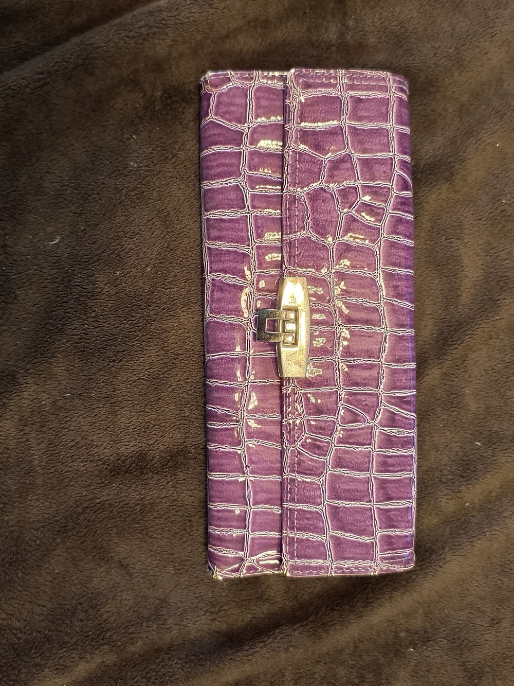 Purple Croc-Embossed Patent Leather Wallet with Silver Lock